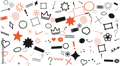 Hand-drawn doodle abstract elements set with diverse geometric shapes and playful symbols in a modern minimalist graphic design style