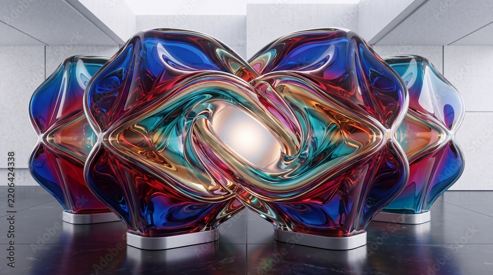 Fototapeta premium Futuristic Abstract Glass Sculptures with Vibrant Iridescent Colors and Organic Fluid Shapes Arranged in a Minimalist Modern Gallery Interior, Contemporary Digital Art Concept