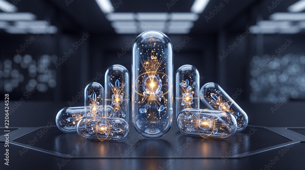 Obraz premium Futuristic transparent capsules containing glowing atomic energy structures and particles on a dark laboratory background, symbolizing innovative nanotechnology and medical research breakthroughs.