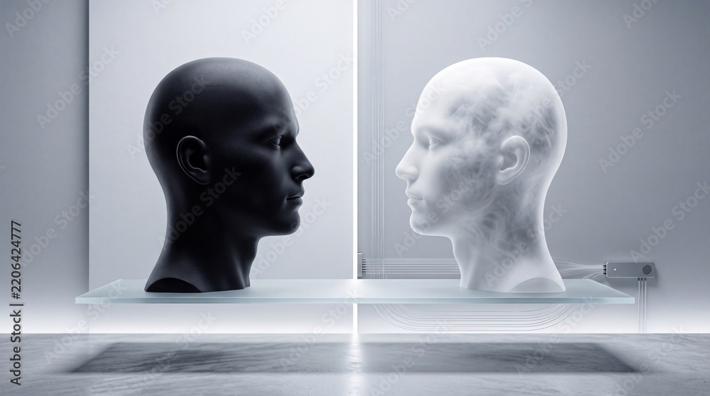 Obraz premium Abstract representation of dualism and human consciousness featuring two human head busts in black and white facing each other on a glass shelf in a futuristic minimalist laboratory setting.