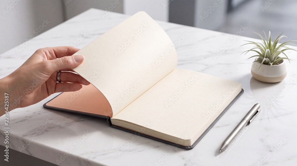 Obraz premium Close-up of a person's hand turning a blank page in a minimalist notebook or journal on a white marble desk with a silver pen and a small potted plant in a bright, professional office setting.