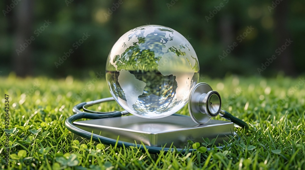 Obraz premium Global Health and Environmental Wellness Concept Featuring a Crystal Glass Earth Globe and Medical Stethoscope Resting on a Metal Base in Lush Green Grass Under Natural Sunlight.