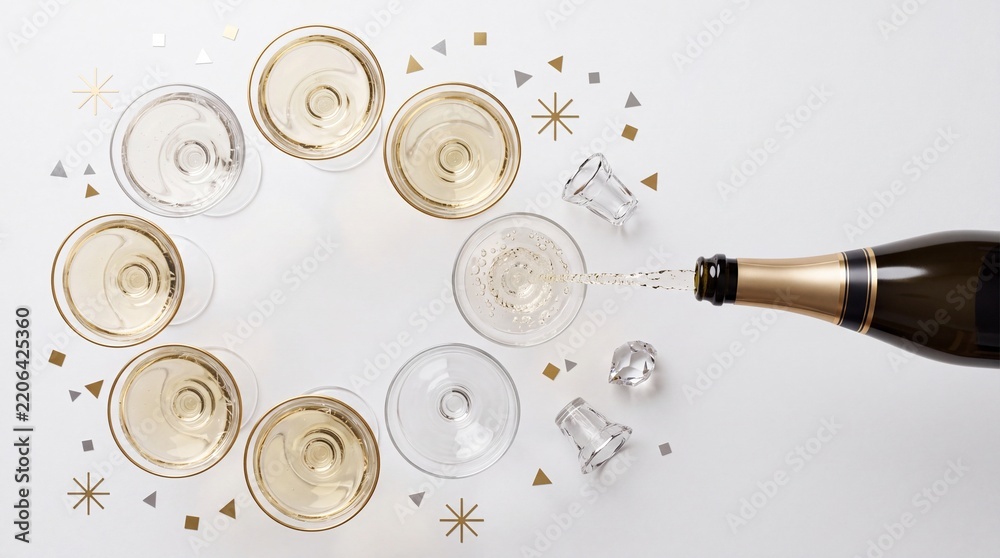 Obraz premium Top down view of a dark champagne bottle pouring sparkling wine into a ring of elegant coupe glasses on a white background with golden confetti, ideal for New Year, wedding, or luxury celebrations.