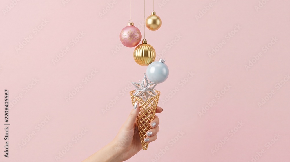 Obraz premium Creative Festive Concept of a Person Holding a Golden Wire Ice Cream Cone Filled with a Silver Star and Hanging Pastel Christmas Baubles Ornaments on a Minimal Pink Background