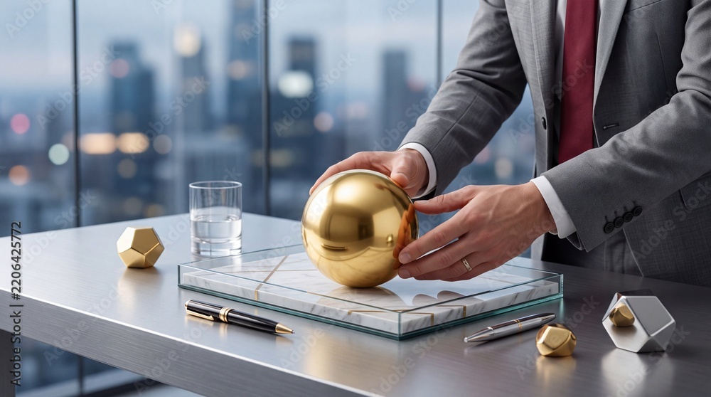 Obraz premium Successful Businessman in Grey Suit Touching Polished Golden Sphere on Modern Office Desk with Blurred City Skyline Background, Concept of Wealth, Financial Investment, and Economic Success.