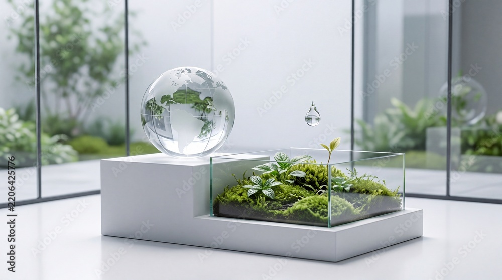 Obraz premium Conceptual Image of a Crystal Globe and Miniature Green Terrarium with a Falling Water Drop on a White Pedestal, Representing Environmental Sustainability and Global Ecology Conservation