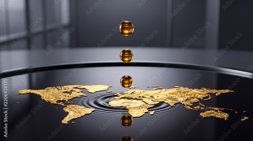 Obraz premium Golden Oil Drops Falling on a World Map Floating on Dark Reflective Liquid, Symbolizing Global Energy Economy, Resource Distribution, International Trade, and Precious Commodity Market Impact