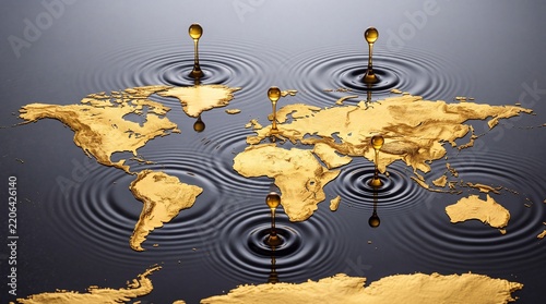 Conceptual 3D Render of a Golden World Map Floating on Dark Liquid with Golden Droplets Creating Ripples, Representing Global Energy Resources, International Oil Trade, Wealth, and Economic Impact.