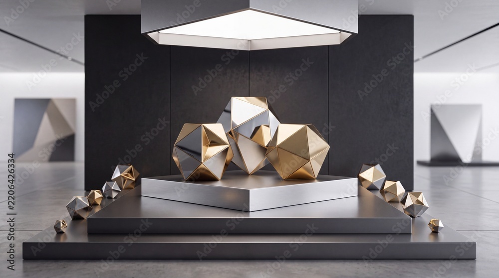 Fototapeta premium Modern abstract art exhibition featuring luxury gold and silver geometric polyhedral sculptures on a minimalist pedestal in a sleek futuristic gallery showroom with bright studio lighting