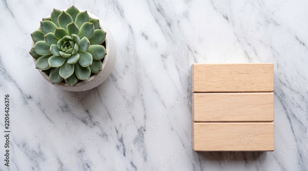 Fototapeta premium Minimalist high-angle flat lay featuring a green succulent in a white ceramic pot and three blank rectangular wooden blocks on a white marble surface, perfect for creative business mockups.