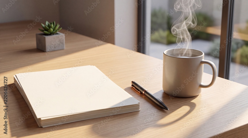 Fototapeta premium Minimalist home office workspace on a wooden desk featuring a stack of blank white paper mockups, a sleek pen, and a steaming ceramic coffee mug in the warm morning sunlight for a creative start.