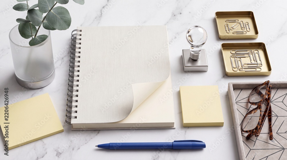 Obraz premium Minimalist Desktop Workspace with Blank Spiral Notebook, Blue Pen, Yellow Sticky Notes, Gold Paperclips, and Eyeglasses on White Marble Surface for Business Branding and Stationery Mockup Design