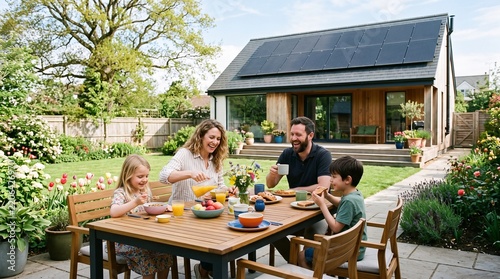Family enjoys a sunny breakfast in their garden with a modern house featuring solar panels