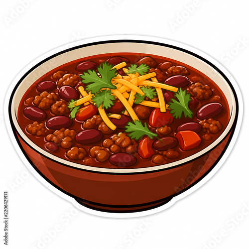 Vector illustration of a hearty bowl of chili con carne with kidney beans, ground beef, melted shredded cheddar cheese, and fresh cilantro garnish isolated on a white background.