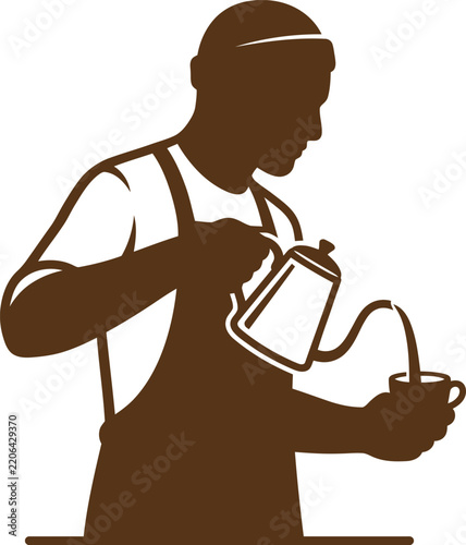 Silhouette of a professional barista wearing an apron pouring hot coffee into a cup with a kettle