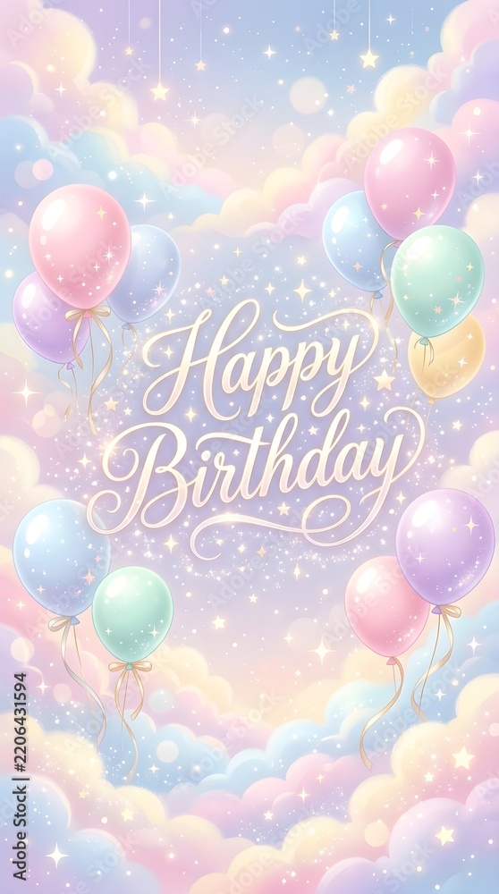 Fototapeta premium Happy birthday greeting card design with pastel balloons and dreamy clouds in a magical sky background party background floating balloons fantasy sky party decor