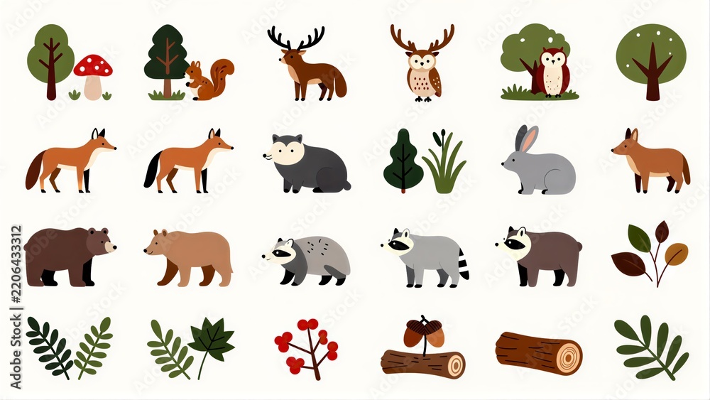 Obraz premium Forest animals and plants in a cute, illustrated style.