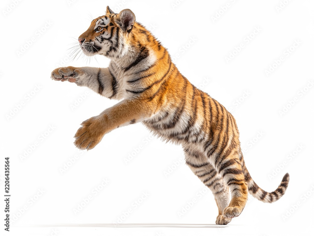 Fototapeta premium Wildlife, a young tiger leaps forward with both front paws raised, showing its striped coat against a white background.