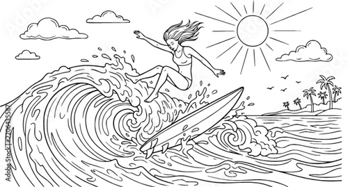 Woman Surfing on Sea Line Art – Summer Surfboard and Ocean Coloring Page Vector