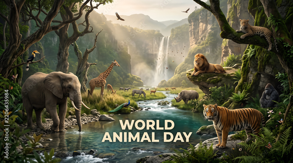 Obraz premium World Animal Day Various wild animals gathering by a river in a lush landscape