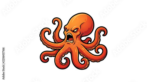 Angry orange octopus mascot character sticker illustration.