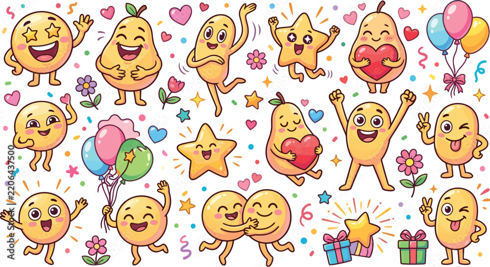 Fototapeta premium Hand Drawn Happy Emoji Sticker Collection with Joyful Characters, Hearts, Balloons, Flowers, Gifts, Stars, Confetti, and Celebration Expressions