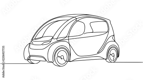 Continuous line drawing of a futuristic compact car, isolated on white