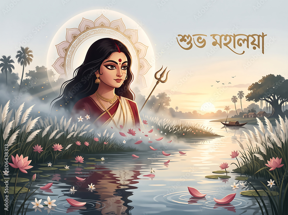 Fototapeta premium Shuvo Mahalaya of a goddess figure by a river at sunrise
