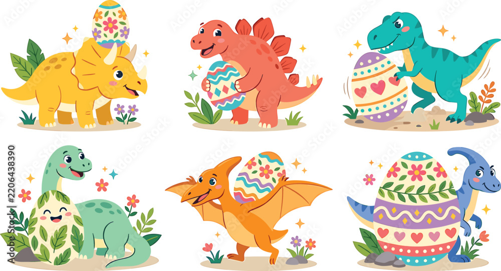 Obraz premium Cute cartoon baby dinosaurs holding colorful decorated easter eggs vector illustration element set isolated on white background