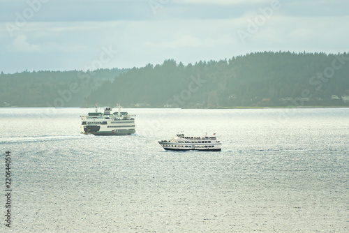 A WASHINGTON STATE CAR FERRY AND THE PASSENGER FOOT FERRY IN THE PUGET SOUND WITH VASHON ISLAND IN THE BACKGROUND IN A FOGGY MORNING NEAR SEATTLE
