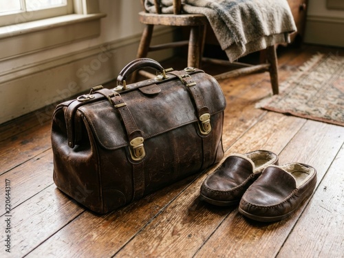 Vintage leather travel bag with buckled straps on wooden floor beside fur-lined slippers. Worn leather valise and house shoes in rustic home interior. Old luggage and footwear.