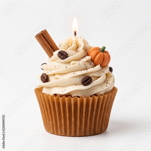 Autumn Pumpkin Spice Cupcake Candle with Vanilla Frosting, Coffee Beans, Cinnamon Stick.