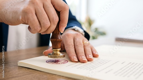 Notary Public stamping document with official seal for legal verification