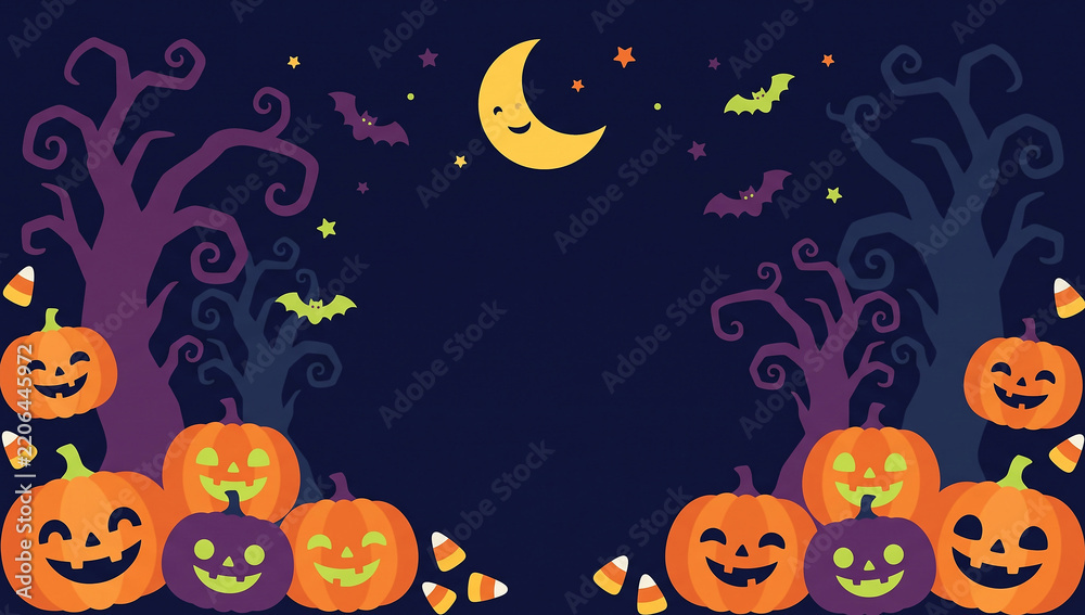 Fototapeta premium Cute pumpkins smile under a whimsical night sky