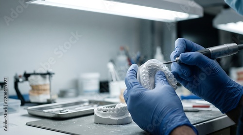 Dental technician crafting a prosthetic dental mold with a rotary tool in a laboratory