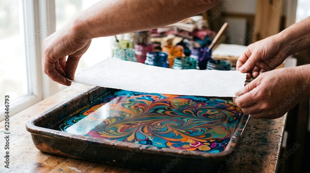 Obraz premium Artist creating marbled paper with colorful paints in a tray