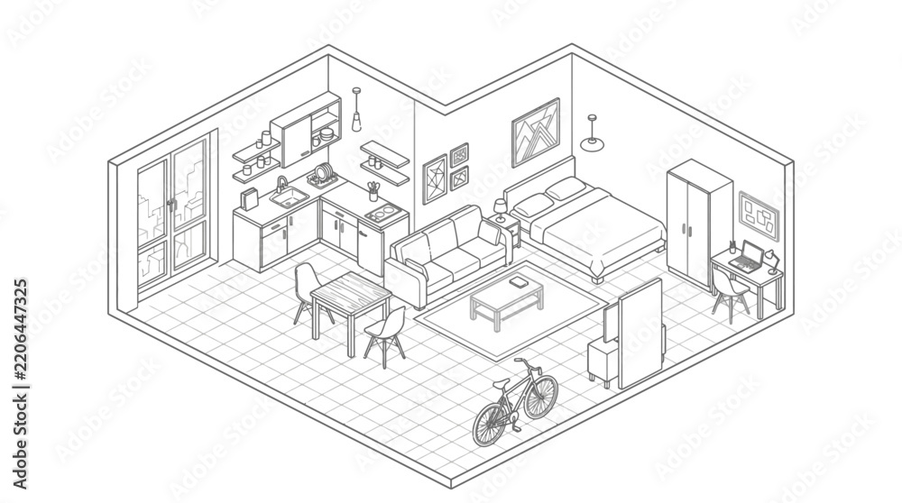 Fototapeta premium Creative Isometric Black and White Line Drawing of a Modern Minimalist Studio Apartment with Furniture Bike and Workspace