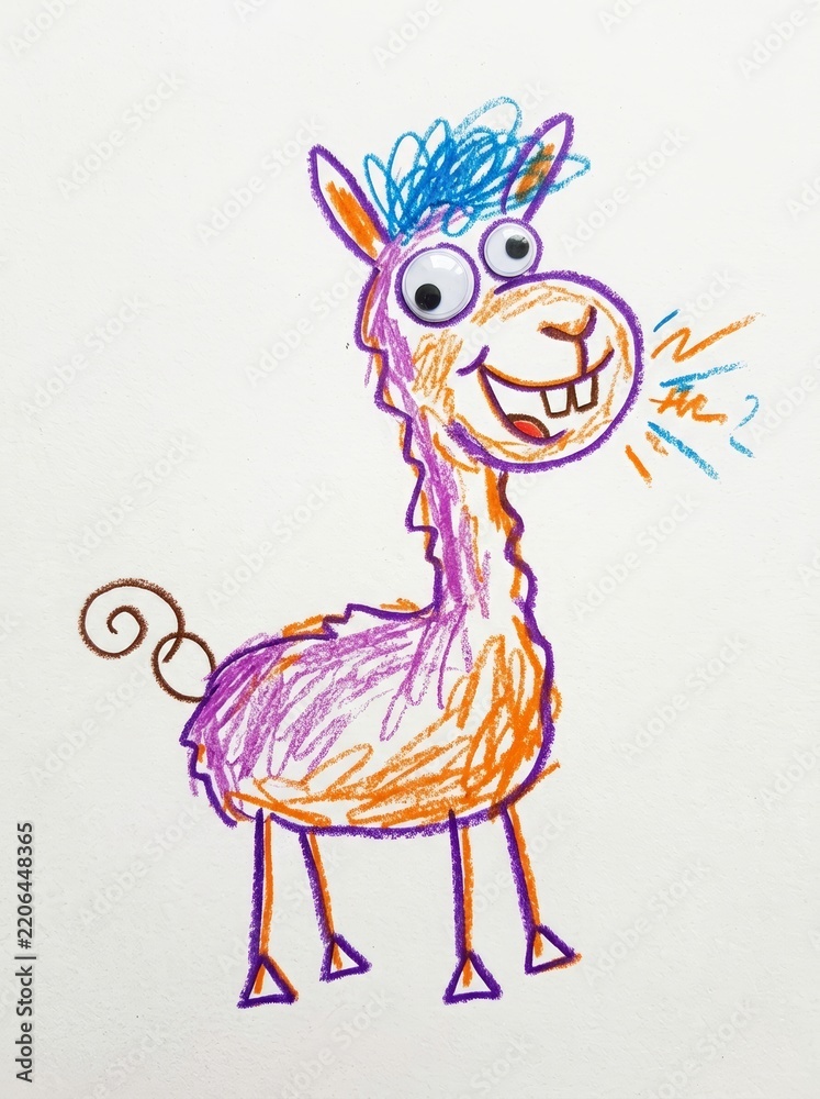 Obraz premium Funny llama drawn with colorful crayons and googly eyes on white paper. Childs doodle of smiling cartoon animal. Kids drawing and creativity concept. Handmade children art.