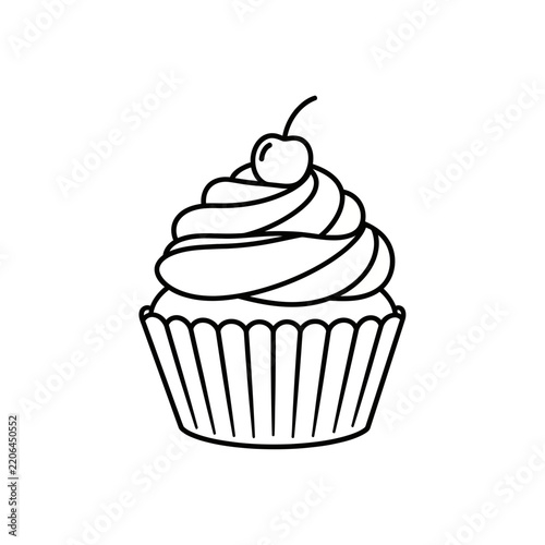 Sweet cupcake line icon with whipped cream and cherry