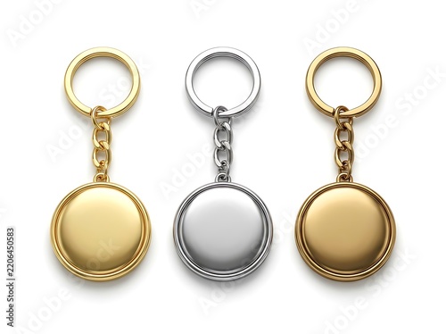 Three ornate metal keychains in gold silver and rose gold isolated on white