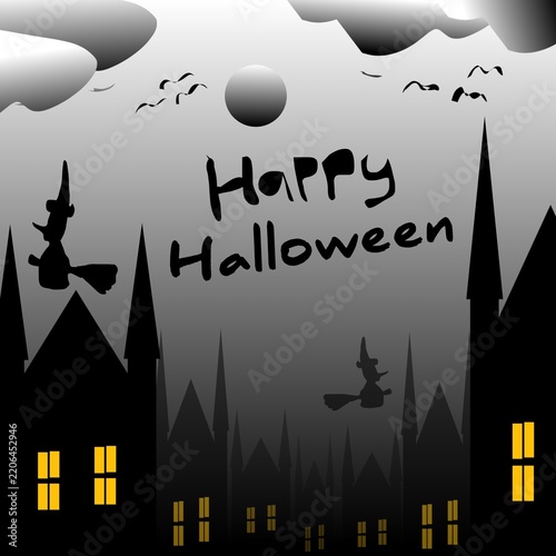 Halloween night background illustration featuring a spooky haunted castle and forest silhouettes, flying witches, bats, moon, clouds, and glowing windows. Dark atmospheric scenery with purple, orange,