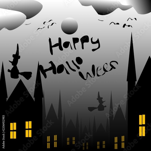 Halloween night background illustration featuring a spooky haunted castle and forest silhouettes, flying witches, bats, moon, clouds, and glowing windows. Dark atmospheric scenery with purple, orange,