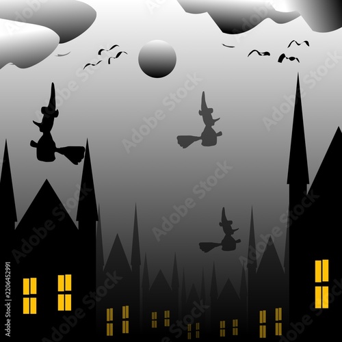 Halloween night background illustration featuring a spooky haunted castle and forest silhouettes, flying witches, bats, moon, clouds, and glowing windows. Dark atmospheric scenery with purple, orange,