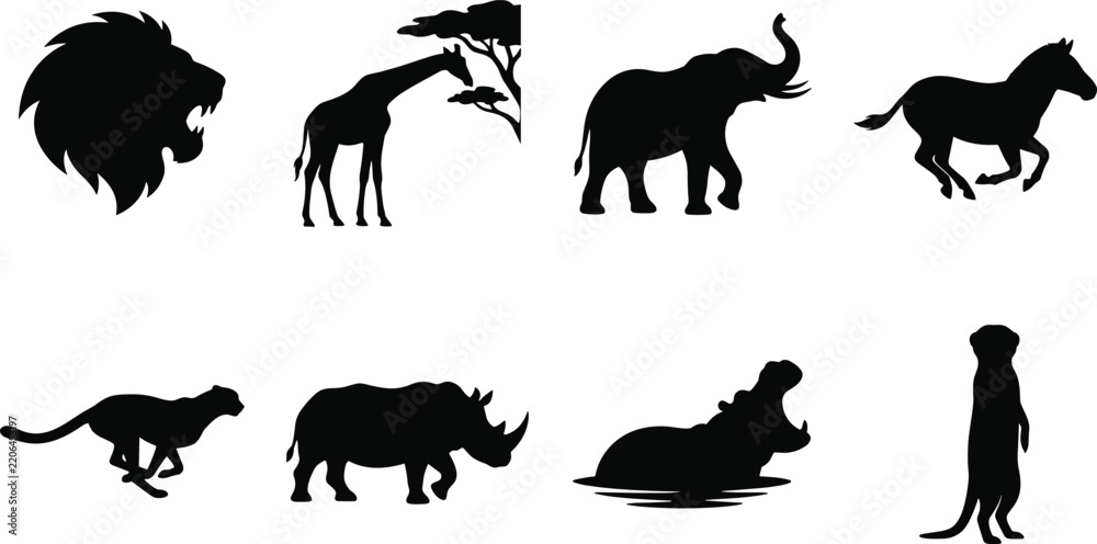 Fototapeta premium Black Silhouettes of African Safari Animals Set on White Background