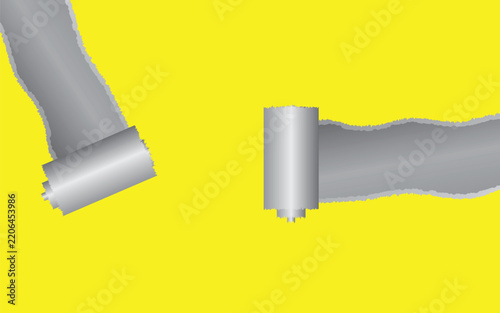 Torn Gray Paper Strips with Curled Edges on Yellow BackgroundTorn Gray Paper Strips with Curled Edges on Yellow Background
