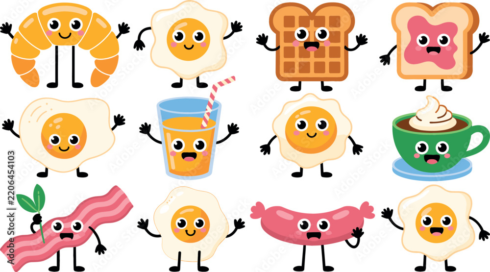 Obraz premium Cute Kawaii Breakfast Food Character Vector Set Featuring Smiling Fried Egg Croissant Bacon Sausage Coffee and Waffle Icons for Morning Menu Graphic Designs