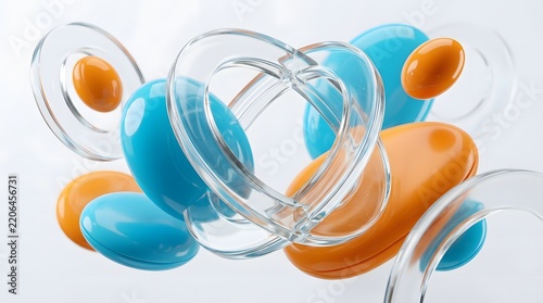 Abstract floating glass rings and glossy blue orange ovoid forms on a white background