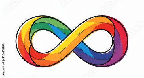 Rainbow colored infinity symbol representing neurodiversity pride and continuous inclusion on a clean white background