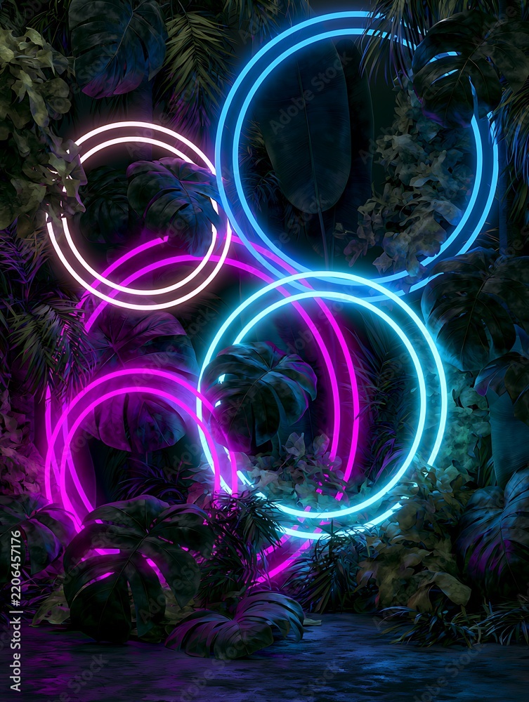 Obraz premium Cyberpunk Tropical Jungle with Glowing Neon Rings and Exotic Foliage