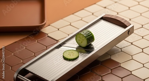Fresh green cucumber being precisely sliced on a sleek stainless steel mandoline slicer, emphasizing healthy cooking and kitchen efficiency and precision in meal preparation
